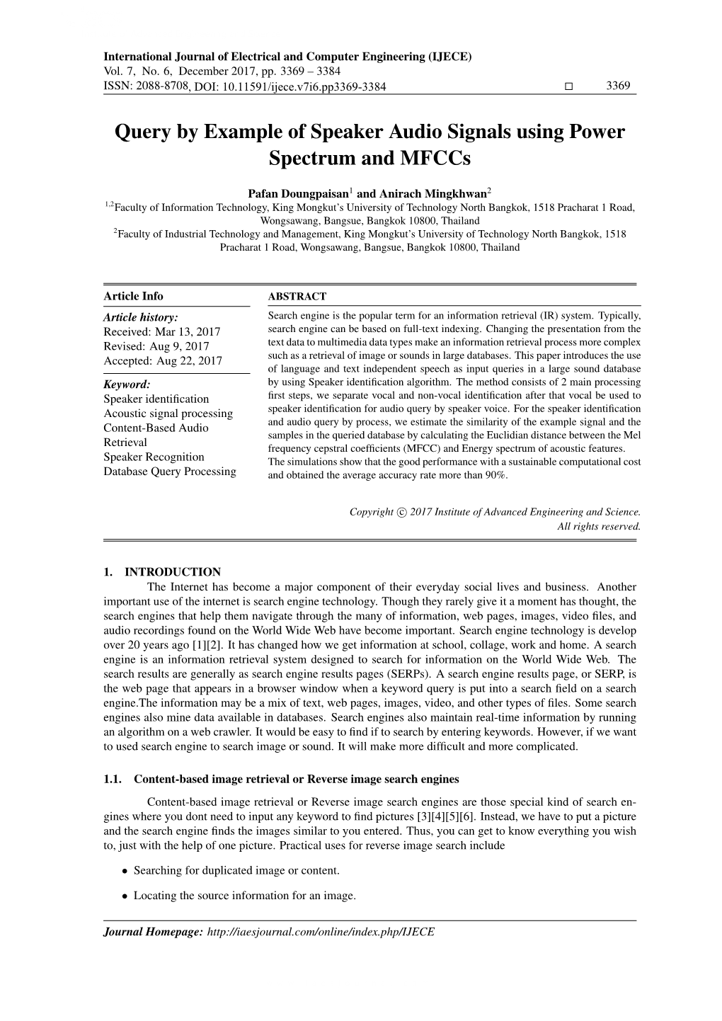 Query by Example of Speaker Audio Signals Using Power Spectrum and Mfccs