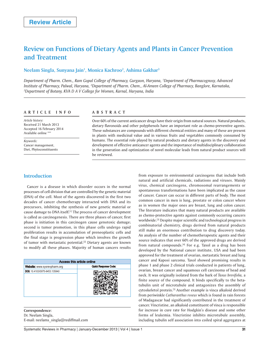 Review on Functions of Dietary Agents and Plants in Cancer Prevention and Treatment