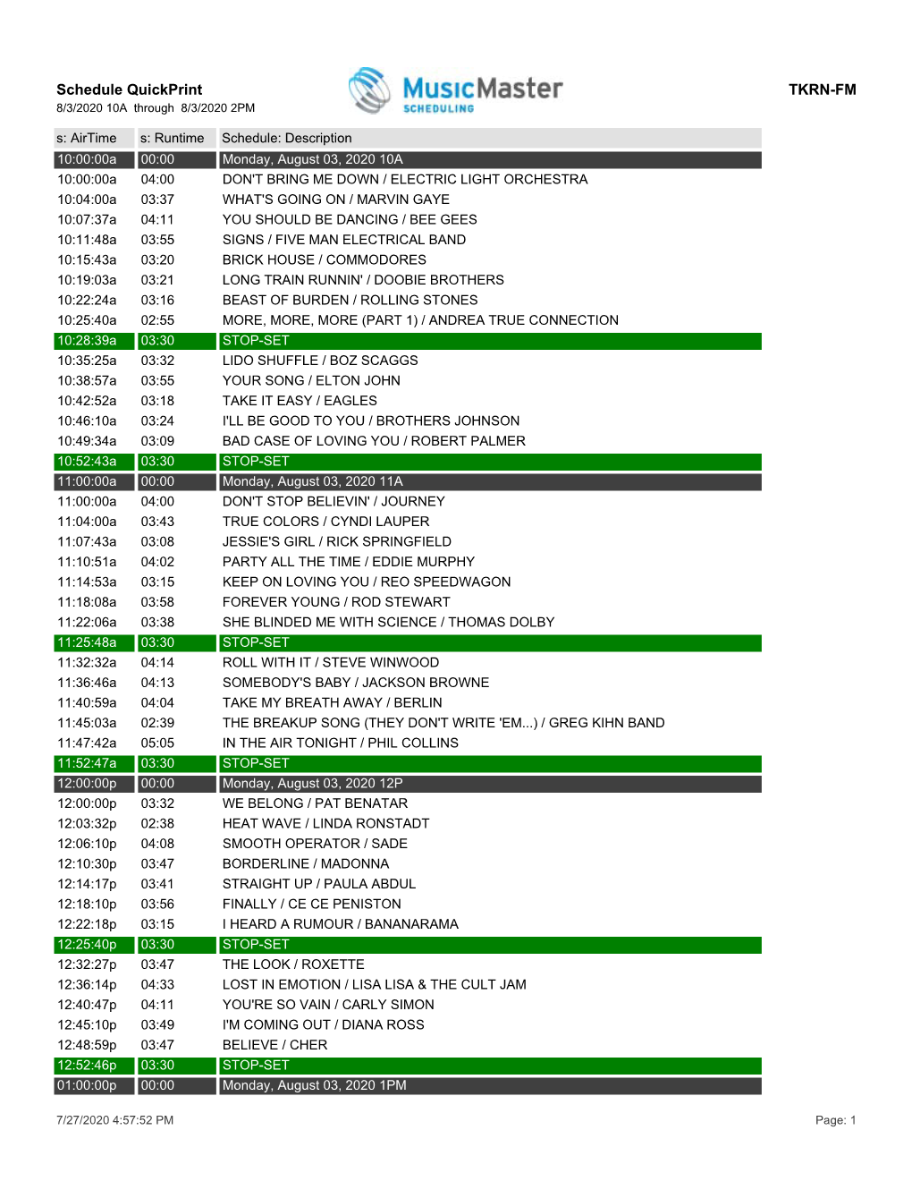 Schedule Quickprint TKRN-FM