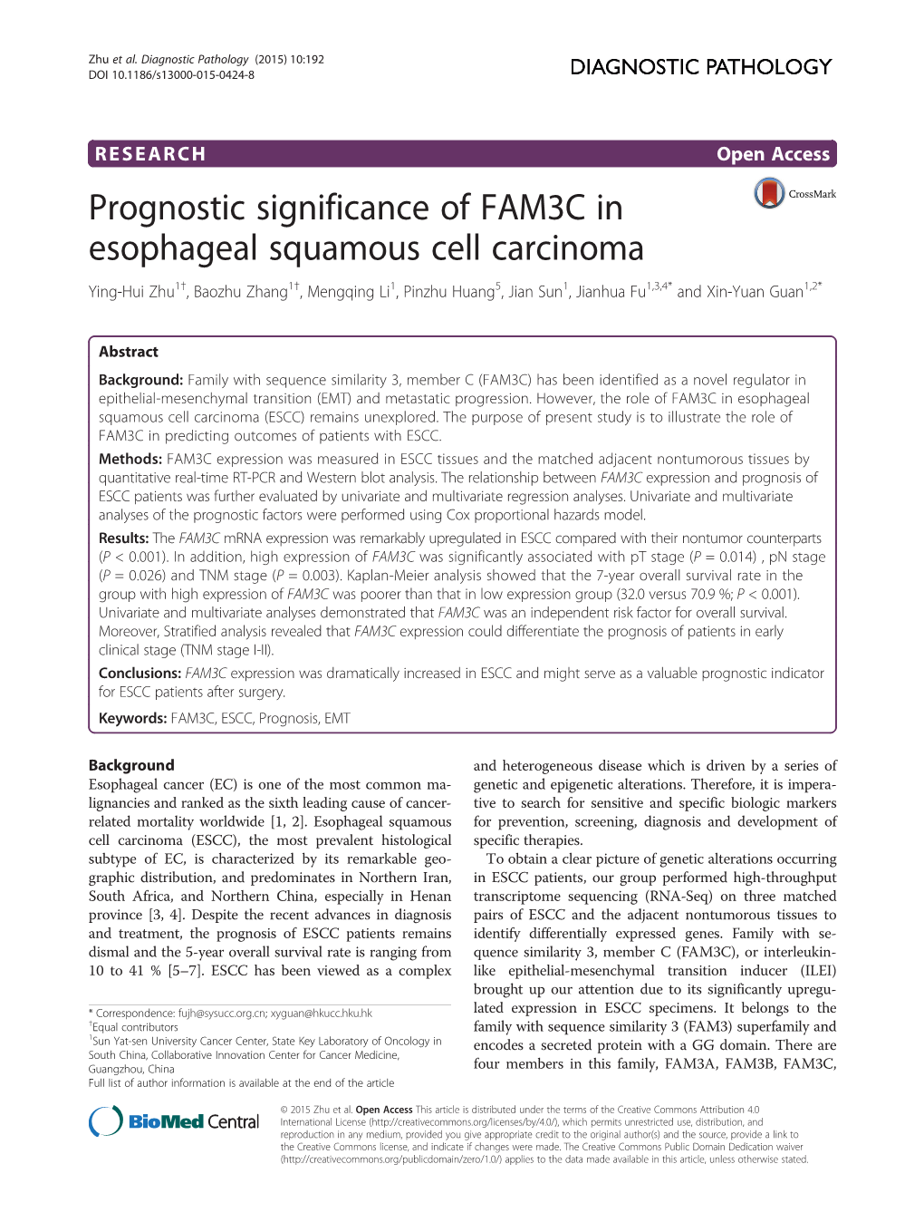 Prognostic Significance of FAM3C in Esophageal Squamous Cell Carcinoma