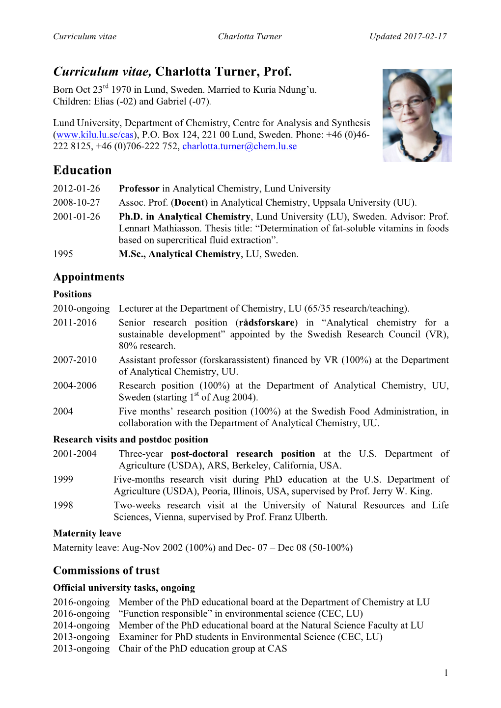 Curriculum Vitae, Charlotta Turner, Prof. Education