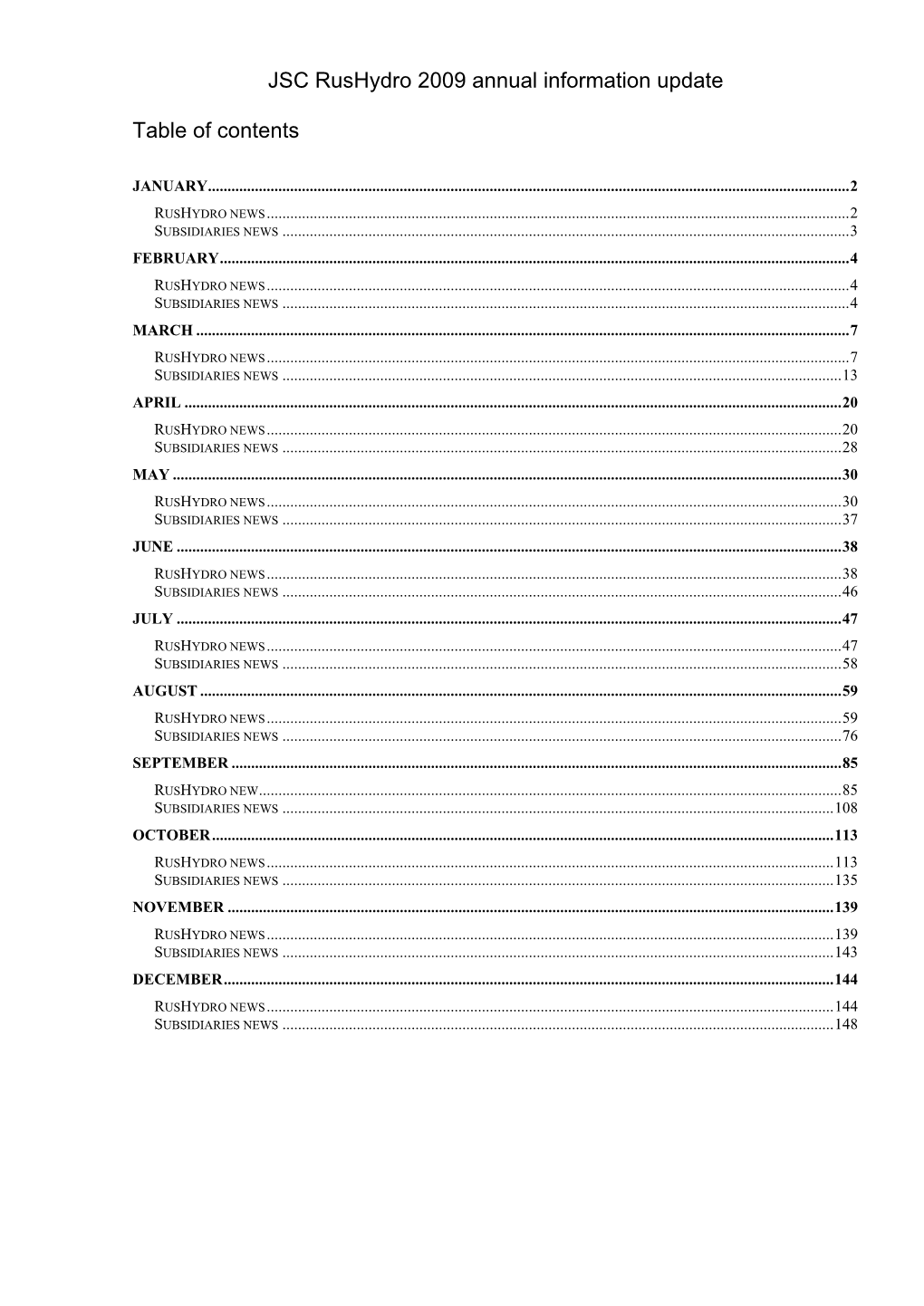 JSC Rushydro 2009 Annual Information Update Table of Contents