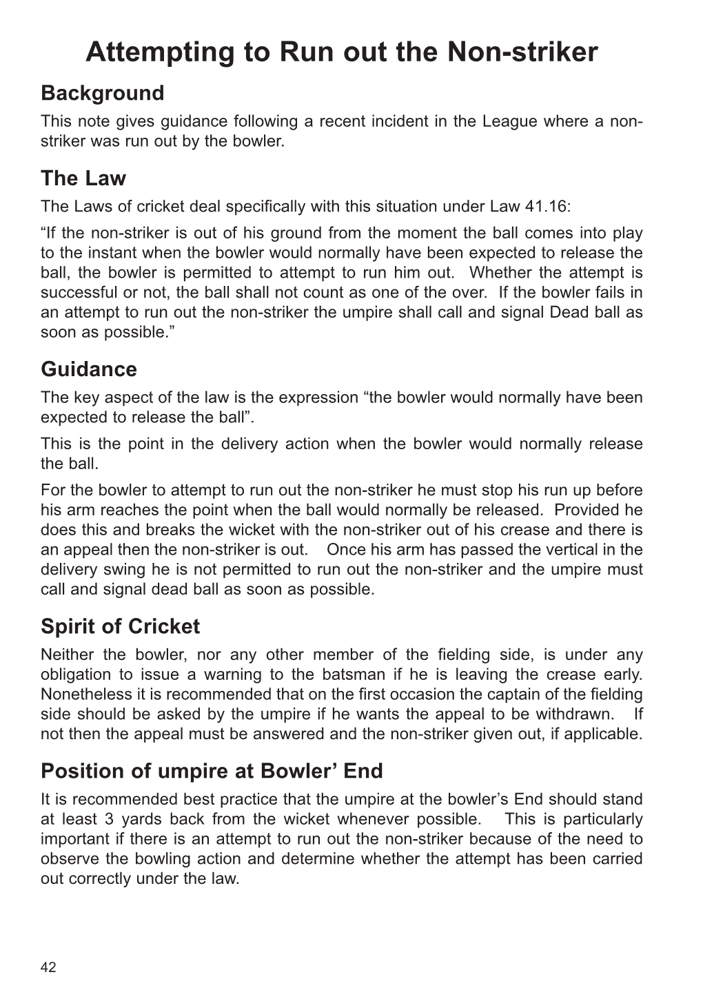 Attempting to Run out the Non-Striker Background This Note Gives Guidance Following a Recent Incident in the League Where a Non- Striker Was Run out by the Bowler