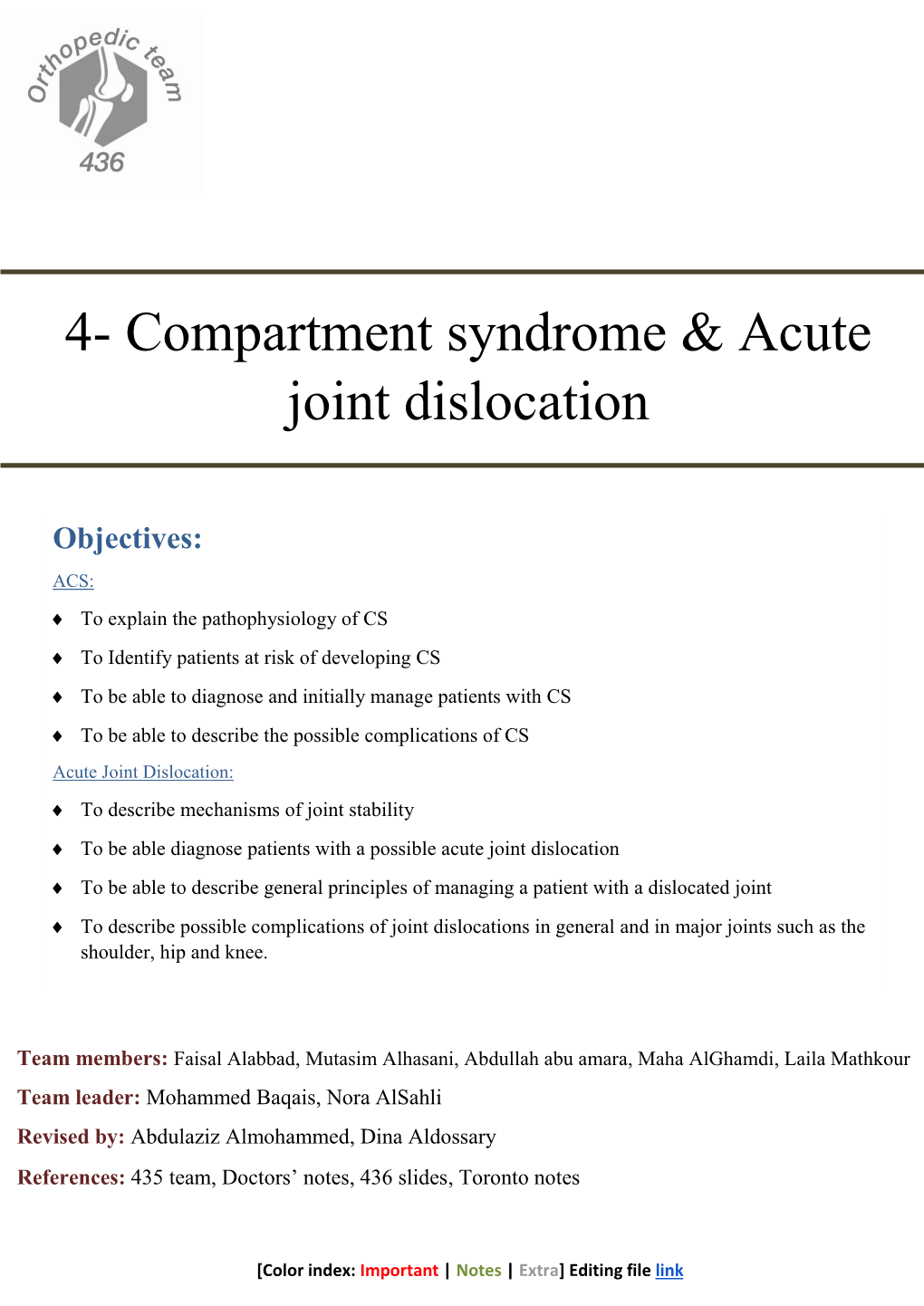 4- Compartment Syndrome & Acute Joint Dislocation