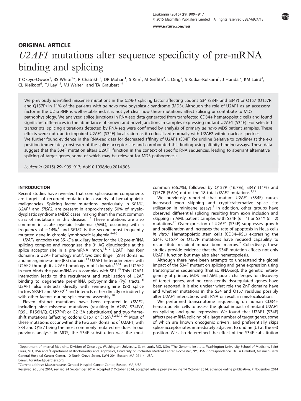 U2AF1 Mutations Alter Sequence Specificity of Pre-Mrna Binding And