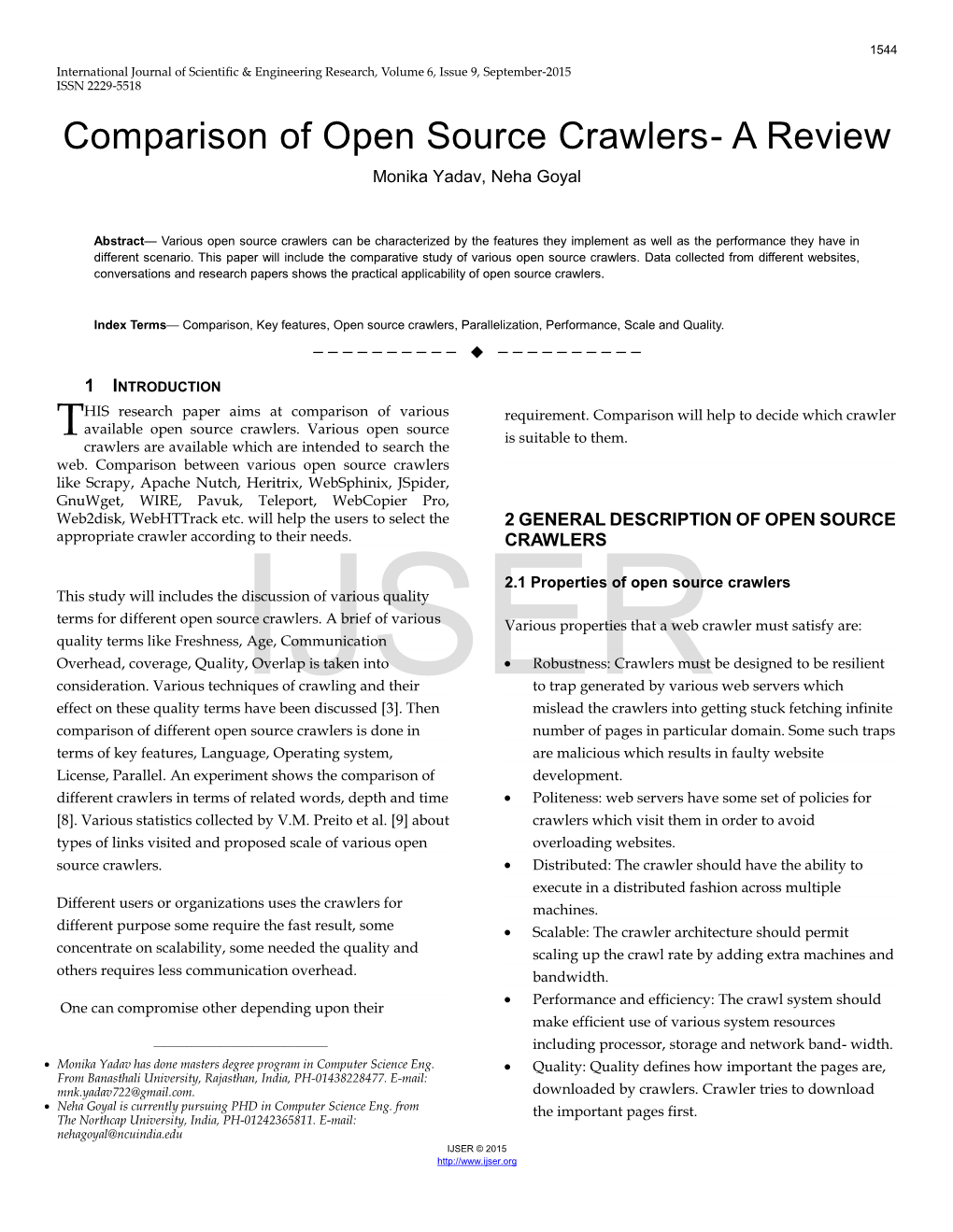 Comparison of Open Source Crawlers- a Review Monika Yadav, Neha Goyal