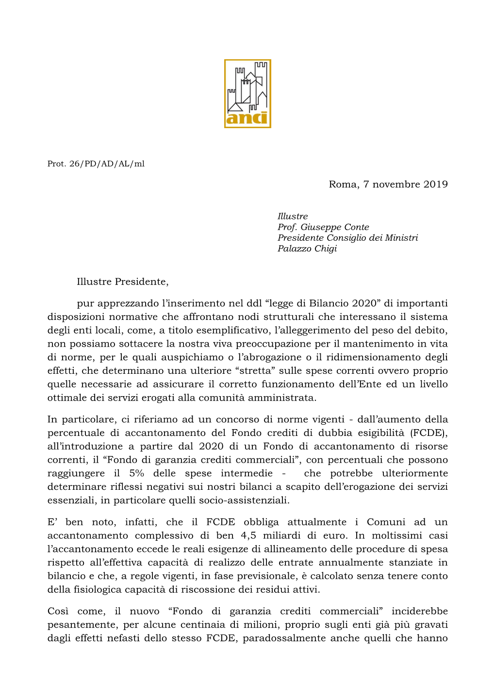 Lettera Di De Caro E Sindaci a Conte