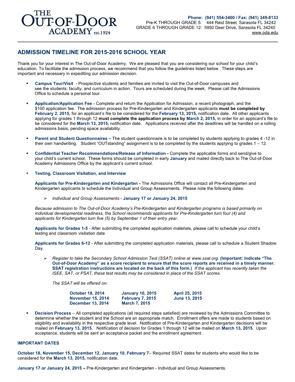 Admission Timeline for 2015-2016 School Year