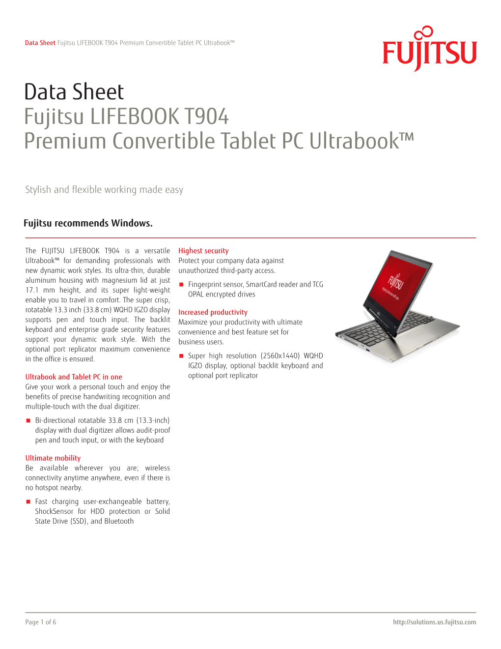Data Sheet Fujitsu LIFEBOOK T904 Premium Convertible Tablet PC Ultrabook™