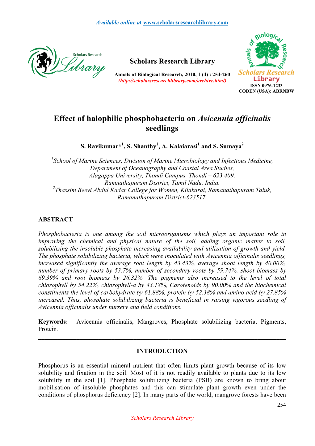 Effect of Halophilic Phosphobacteria on Avicennia Officinalis Seedlings