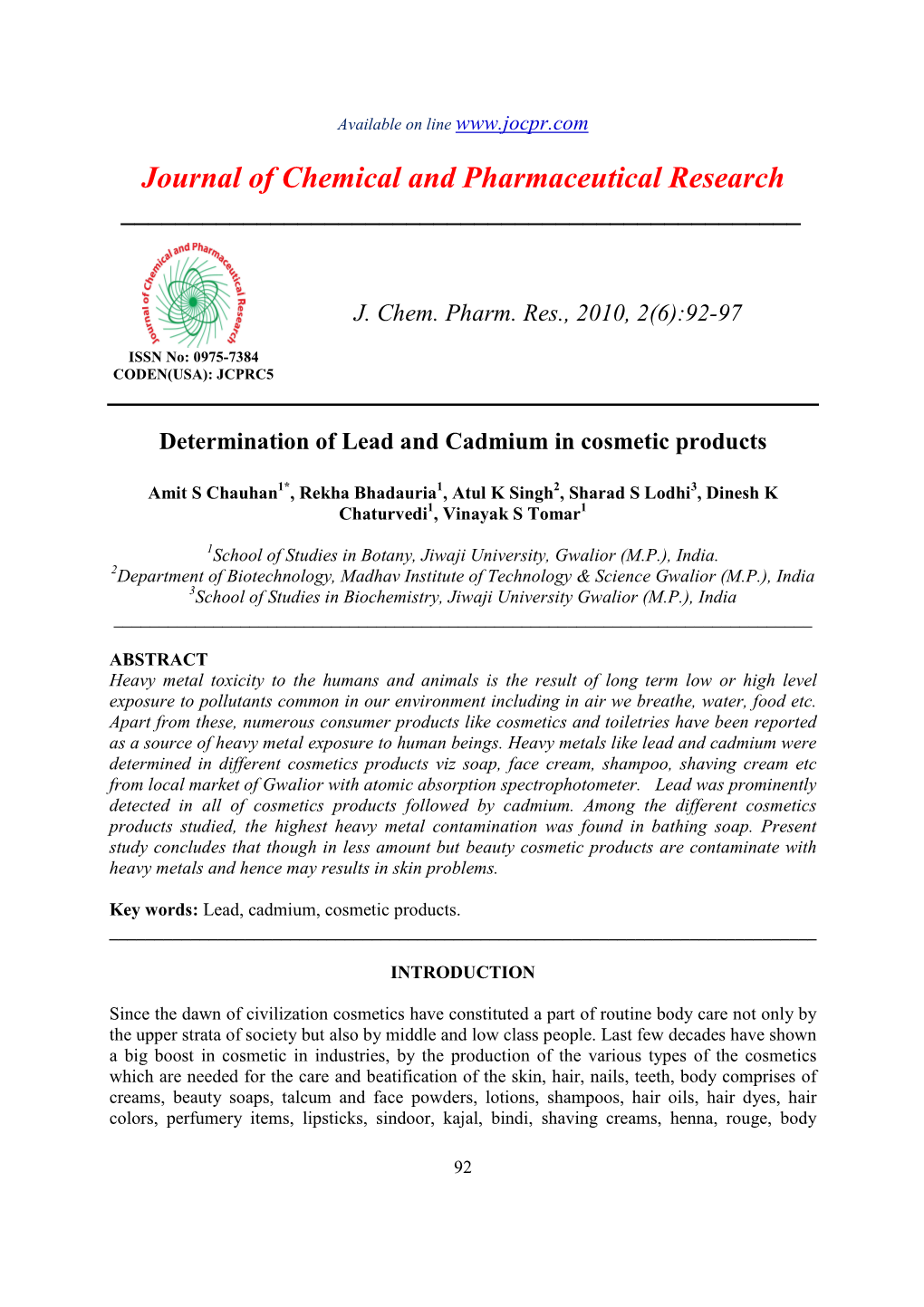 Determination of Lead and Cadmium in Cosmetic Products