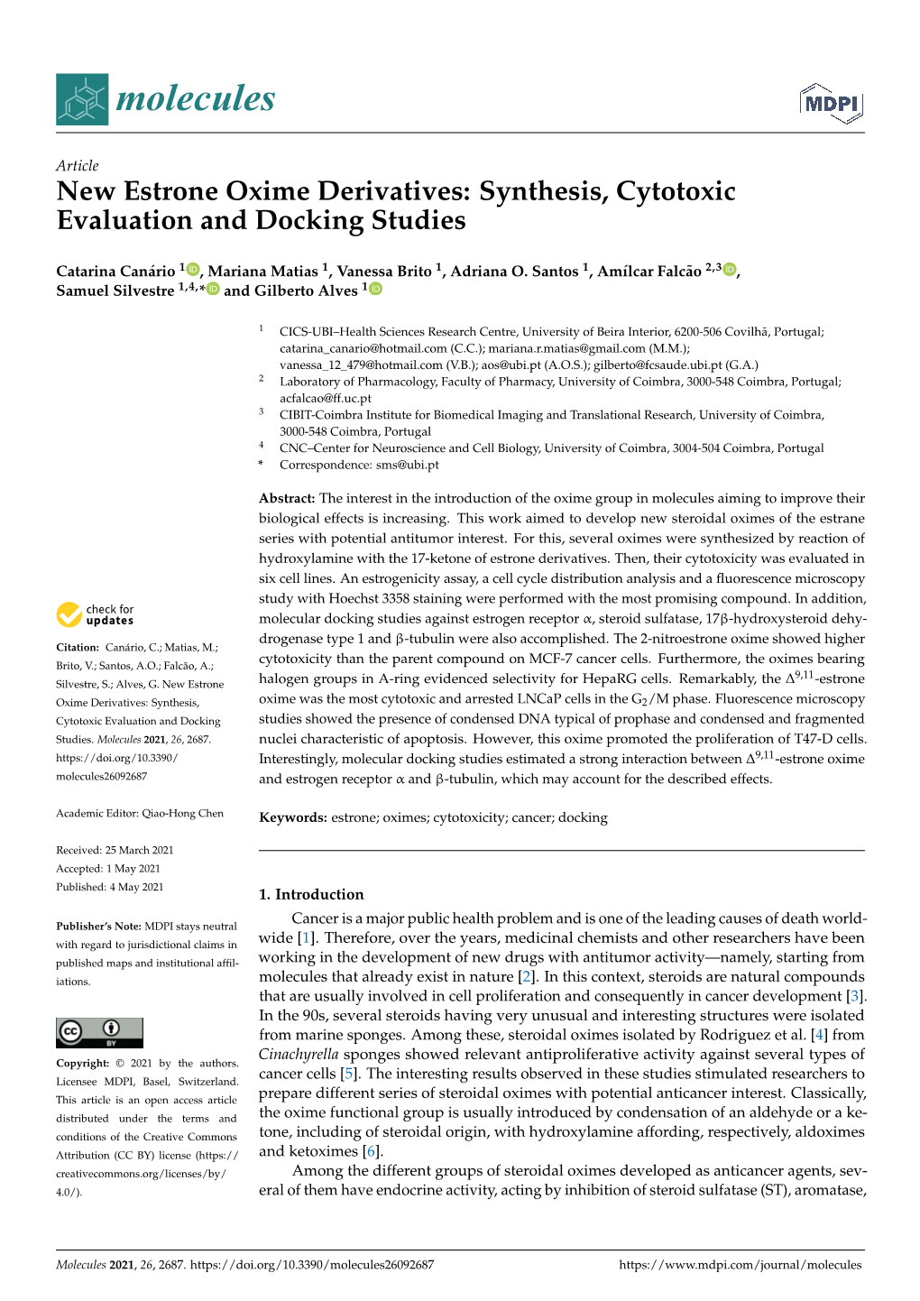 New Estrone Oxime Derivatives: Synthesis, Cytotoxic Evaluation and Docking Studies