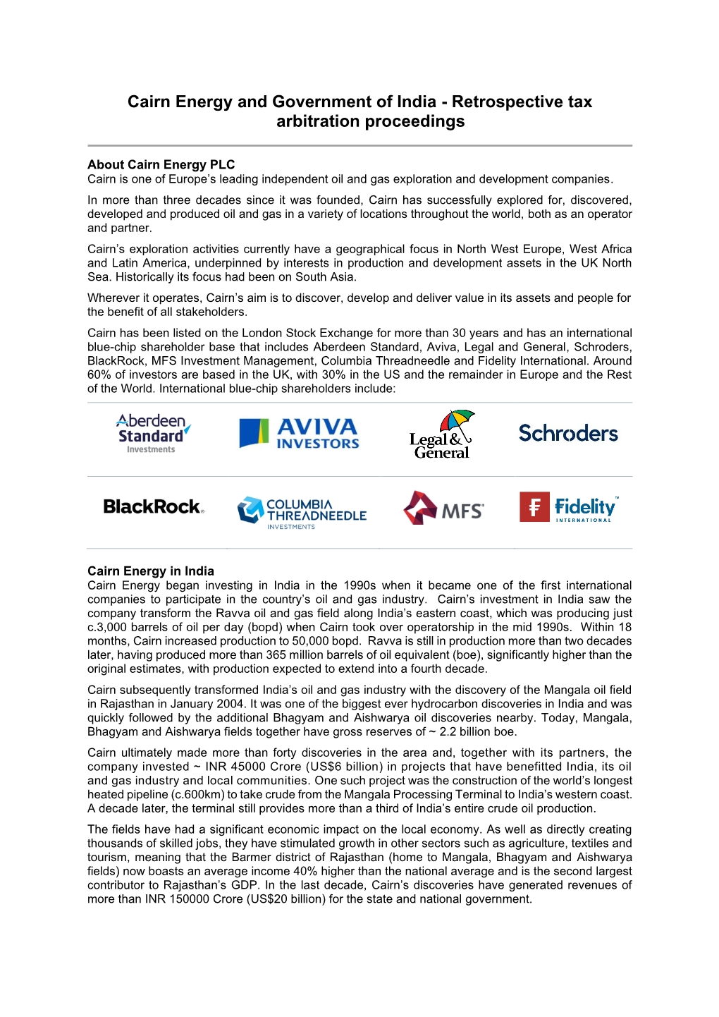 Cairn Energy and Government of India - Retrospective Tax Arbitration Proceedings