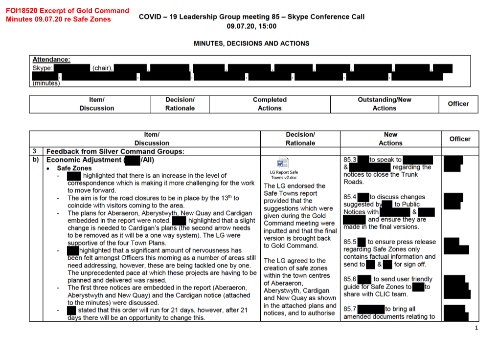 FOI18520 Excerpt of Gold Command Minutes 09.07.20 Re Safe Zones