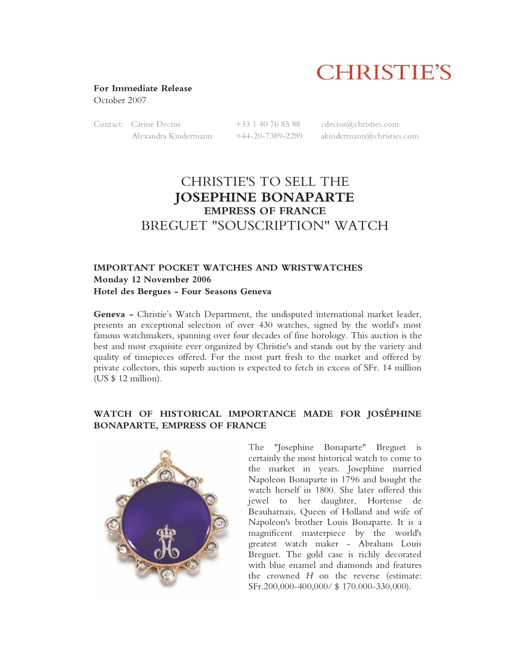 Christie's to Sell the Josephine Bonaparte Breguet