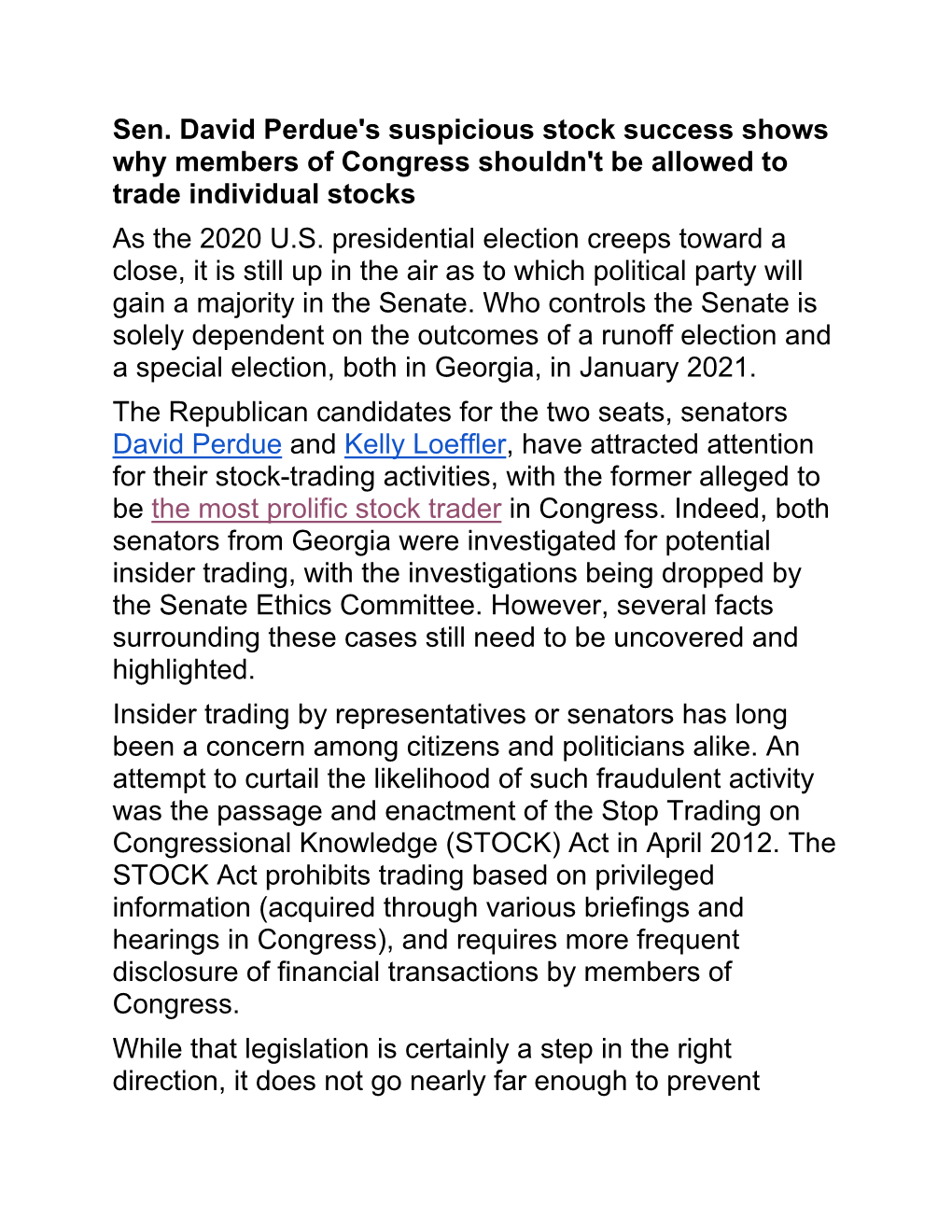 Sen. David Perdue's Suspicious Stock Success Shows Why Members of Congress Shouldn't Be Allowed to Trade Individual Stocks As the 2020 U.S