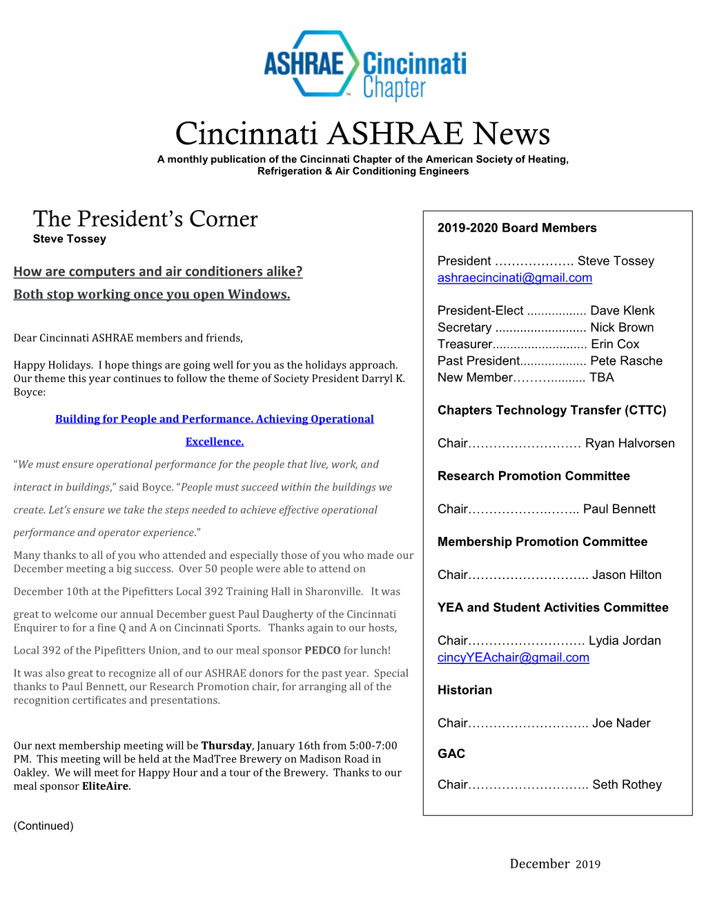 Cincinnati ASHRAE News a Monthly Publication of the Cincinnati Chapter of the American Society of Heating, Refrigeration & Air Conditioning Engineers