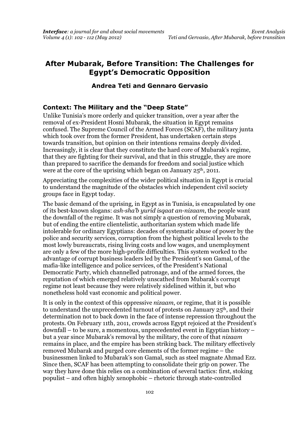 After Mubarak, Before Transition: the Challenges for Egypt’S Democratic Opposition