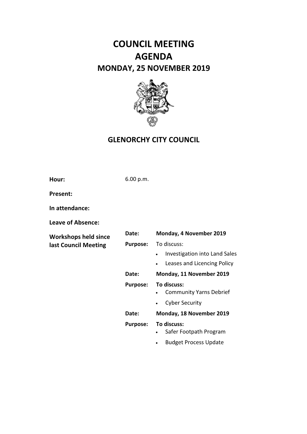 Council Meeting Agenda Monday, 25 November 2019