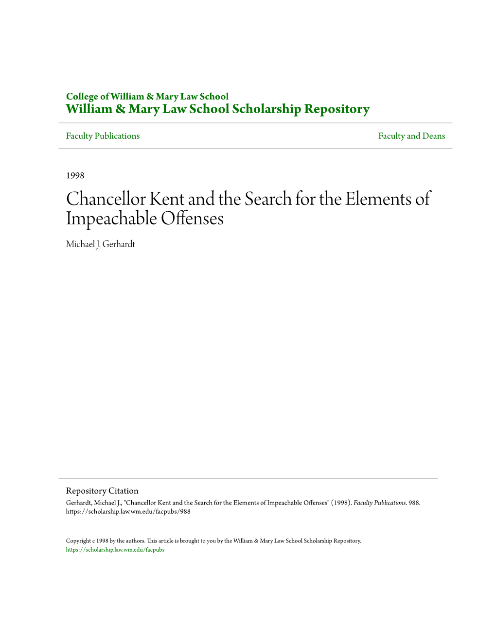 Chancellor Kent and the Search for the Elements of Impeachable Offenses Michael J