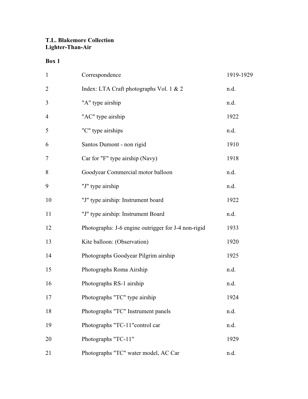 T.L. Blakemore Collection Lighter-Than-Air Box 1 1 Correspondence 1919-1929 2 Index: LTA Craft Photographs Vol. 1 & 2 N.D. 3