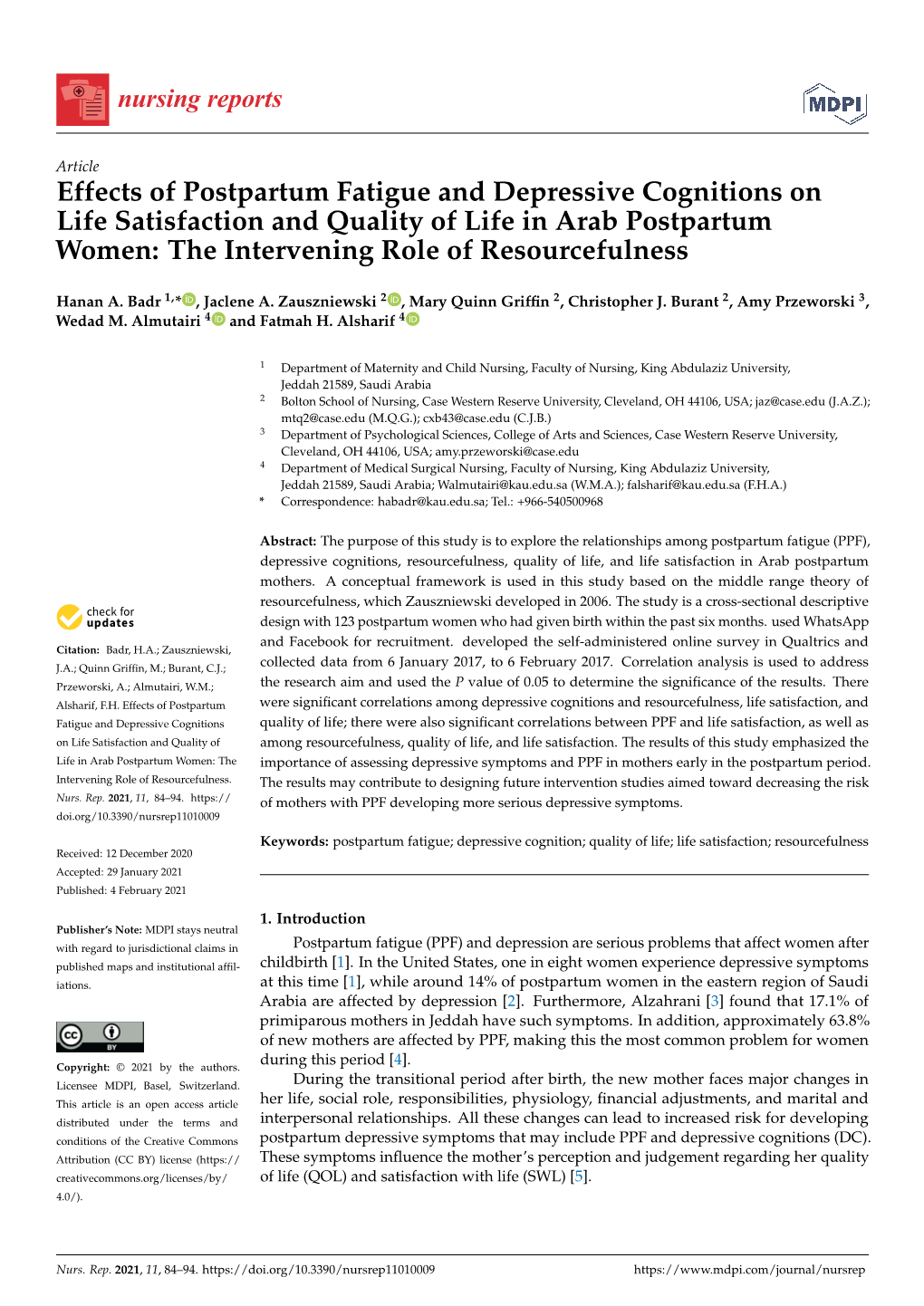 Effects of Postpartum Fatigue and Depressive Cognitions on Life Satisfaction and Quality of Life in Arab Postpartum Women: the Intervening Role of Resourcefulness