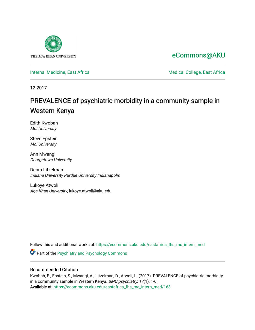 PREVALENCE of Psychiatric Morbidity in a Community Sample in Western Kenya