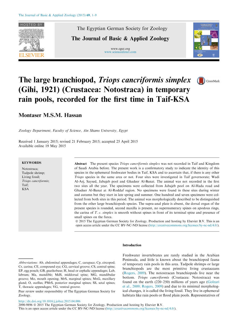 The Large Branchiopod, Triops Cancriformis Simplex (Gihi, 1921) (Crustacea: Notostraca) in Temporary Rain Pools, Recorded for the ﬁrst Time in Taif-KSA