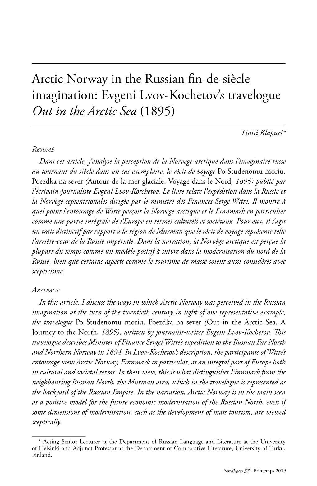 Arctic Norway in the Russian Fin-De-Siècle Imagination: Evgeni Lvov-Kochetov’S Travelogue out in the Arctic Sea (1895)