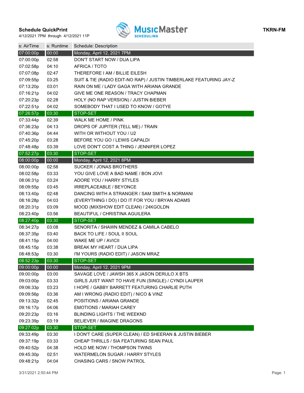 Schedule Quickprint TKRN-FM