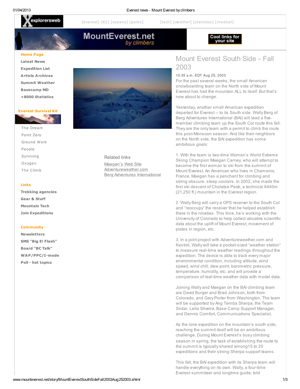 Mount Everest South Side - Fall Expedition List 2003 Article Archives 10:35 A.M