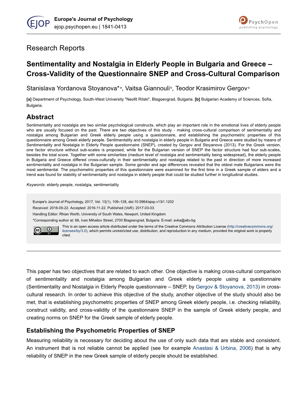 Sentimentality and Nostalgia in Elderly People in Bulgaria and Greece – Cross-Validity of the Questionnaire SNEP and Cross-Cultural Comparison