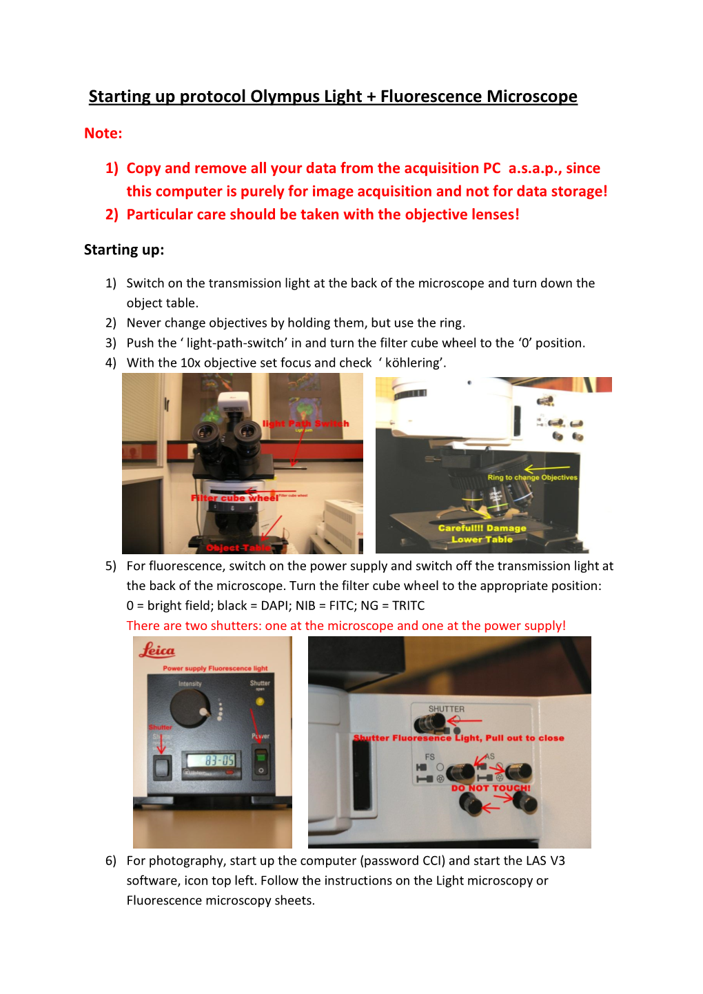 Starting up Protocol Olympus Light + Fluorescence Microscope