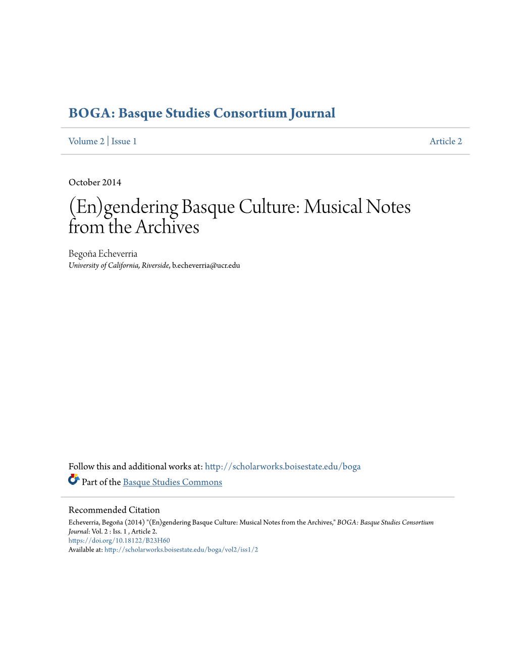 (En)Gendering Basque Culture: Musical Notes from the Archives Begoña Echeverria University of California, Riverside, B.Echeverria@Ucr.Edu