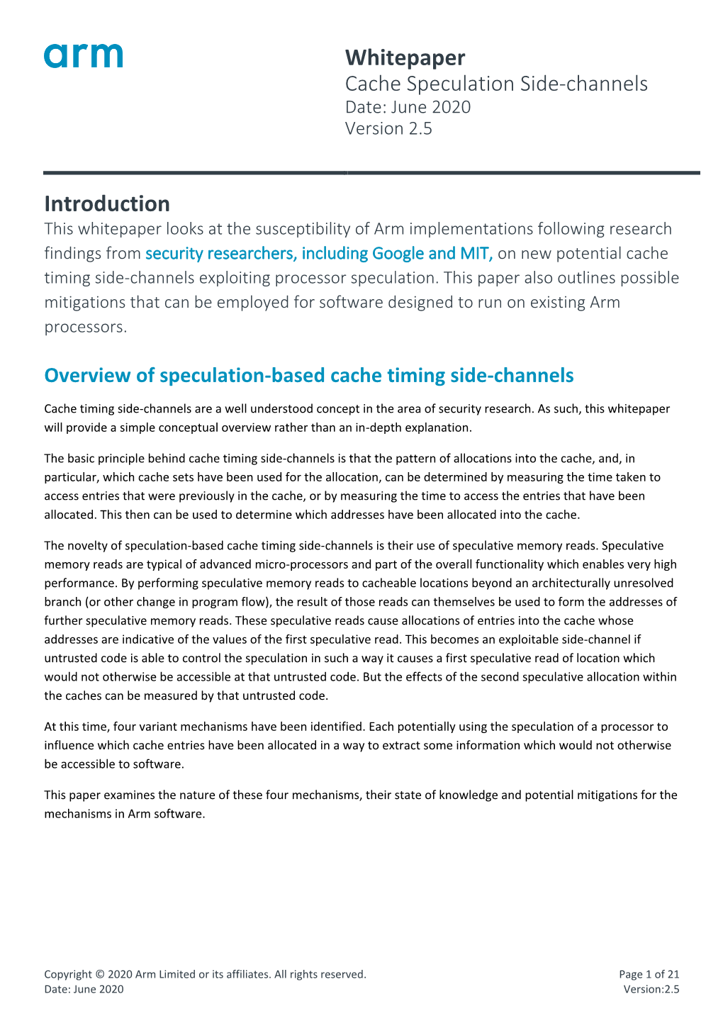 Whitepaper Cache Speculation Side-Channels Date: June 2020 Version 2.5