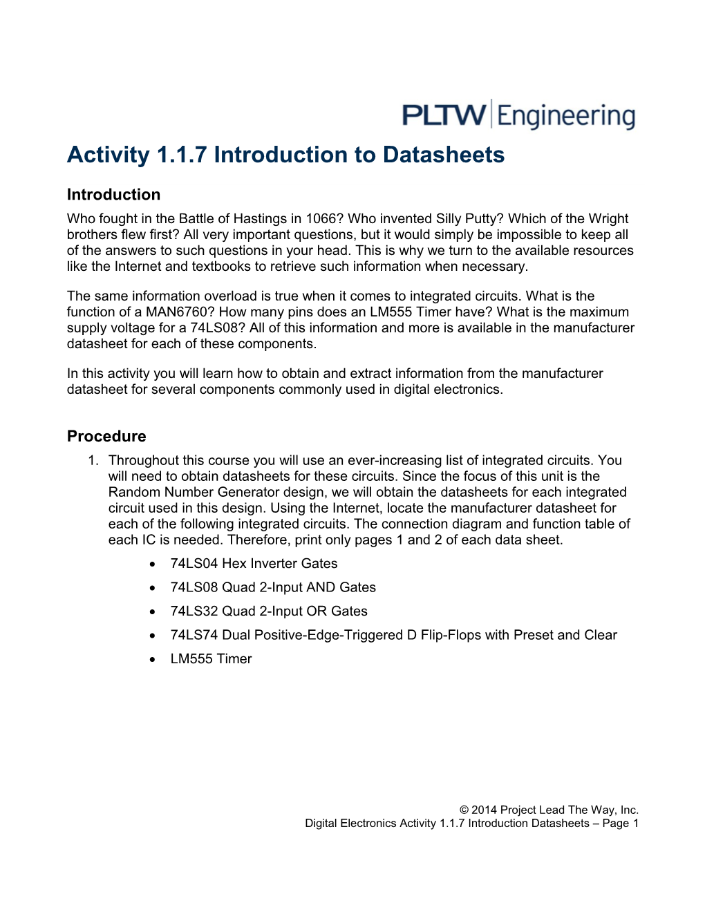 1.1.7.A Introduction to Logic & Datasheets