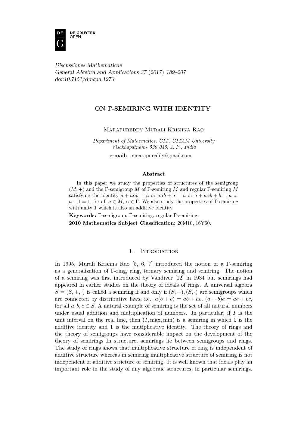 On Γ-Semiring with Identity