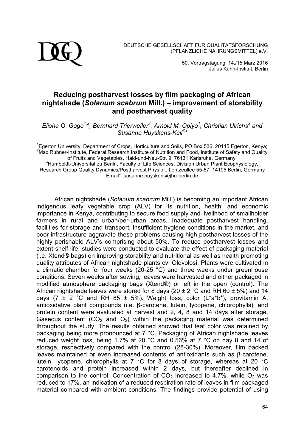 Reducing Postharvest Losses by Film Packaging of African Nightshade