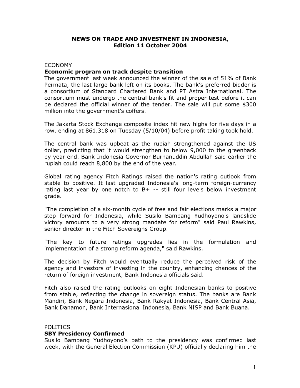 NEWS on TRADE and INVESTMENT in INDONESIA, Edition 11 October 2004