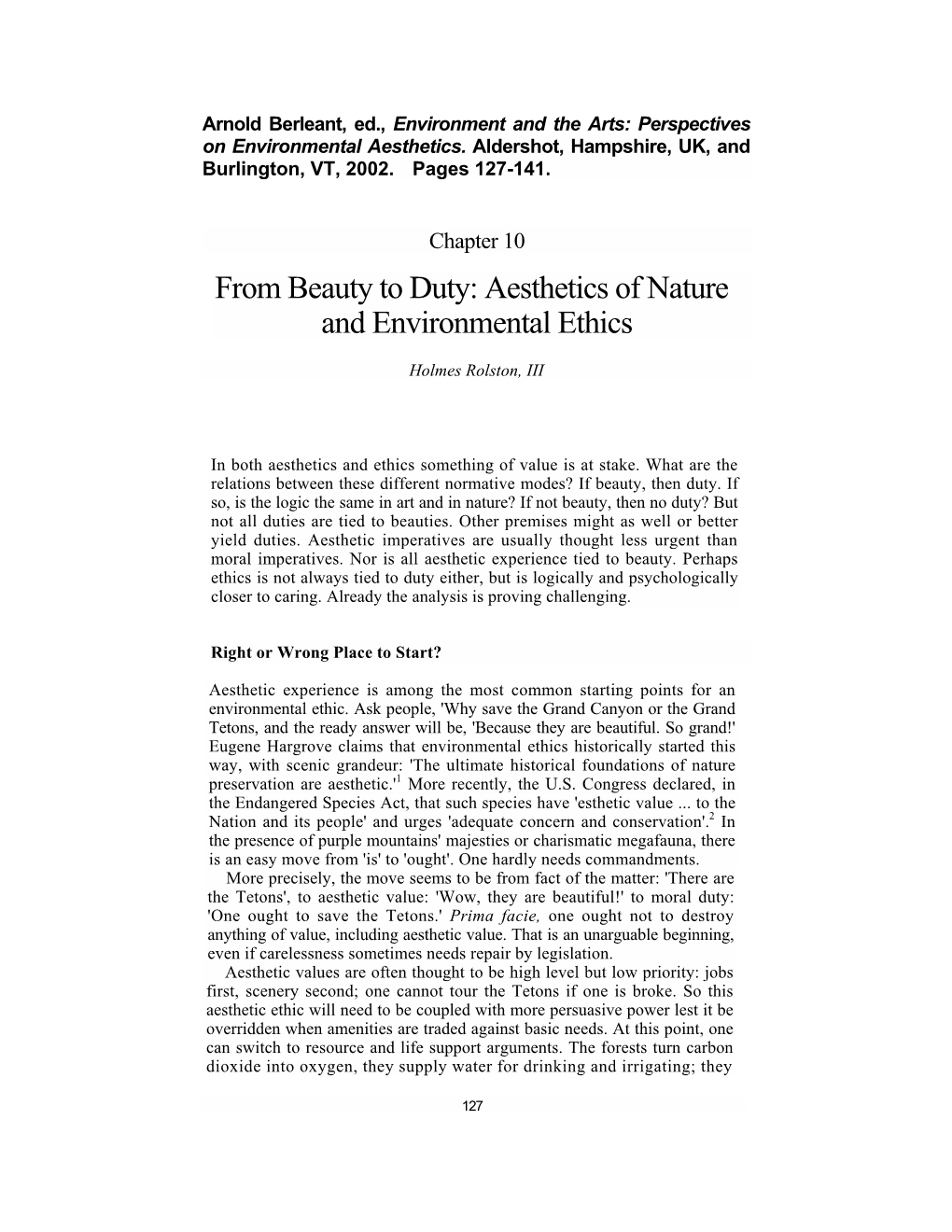 From Beauty to Duty: Aesthetics of Nature and Environmental Ethics