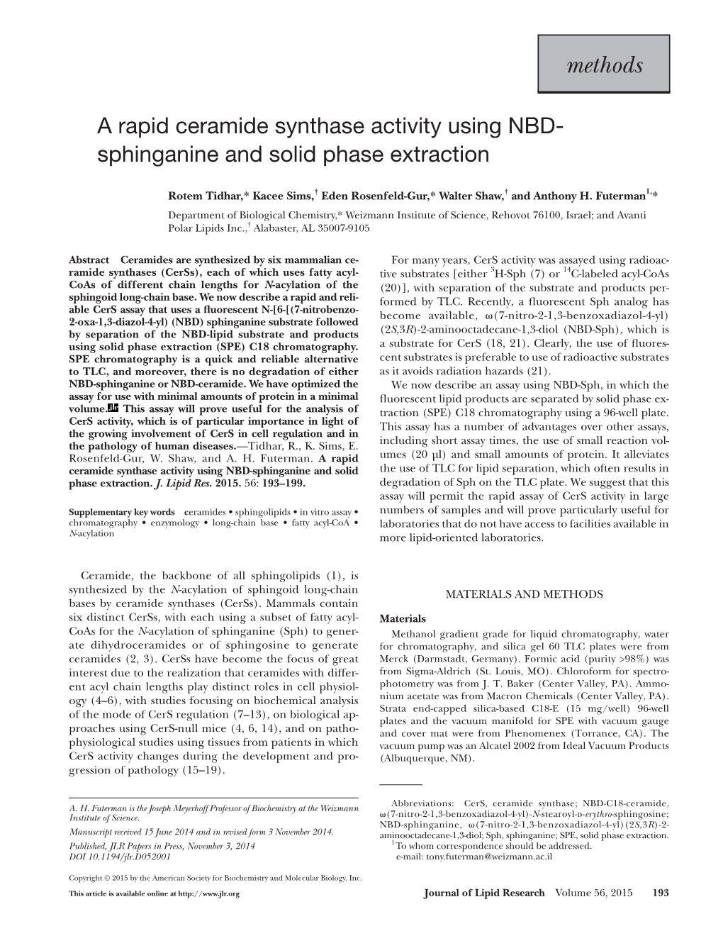 A Rapid Ceramide Synthase Activity Using NBD- Sphinganine and Solid Phase Extraction