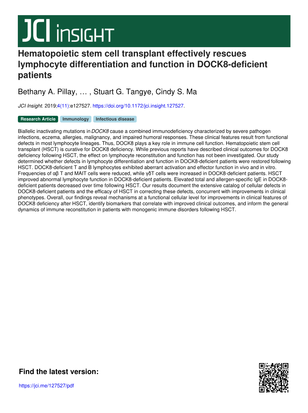 Hematopoietic Stem Cell Transplant Effectively Rescues Lymphocyte Differentiation and Function in DOCK8-Deficient Patients