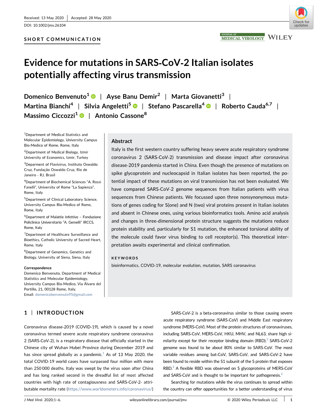 Evidence for Mutations in SARS‐Cov‐2 Italian Isolates Potentially Affecting Virus Transmission