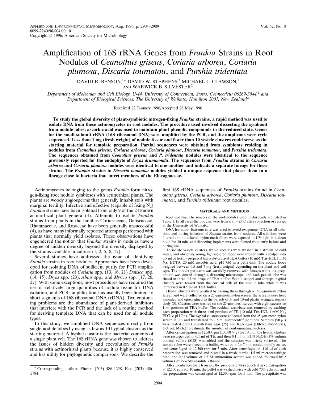 Amplification of 16S Rrna Genes from Frankia Strains in Root Nodules Of