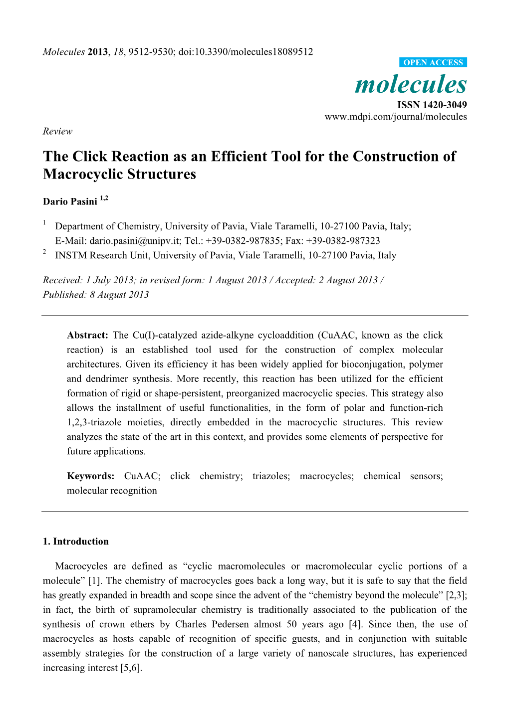 The Click Reaction As an Efficient Tool for the Construction of Macrocyclic Structures