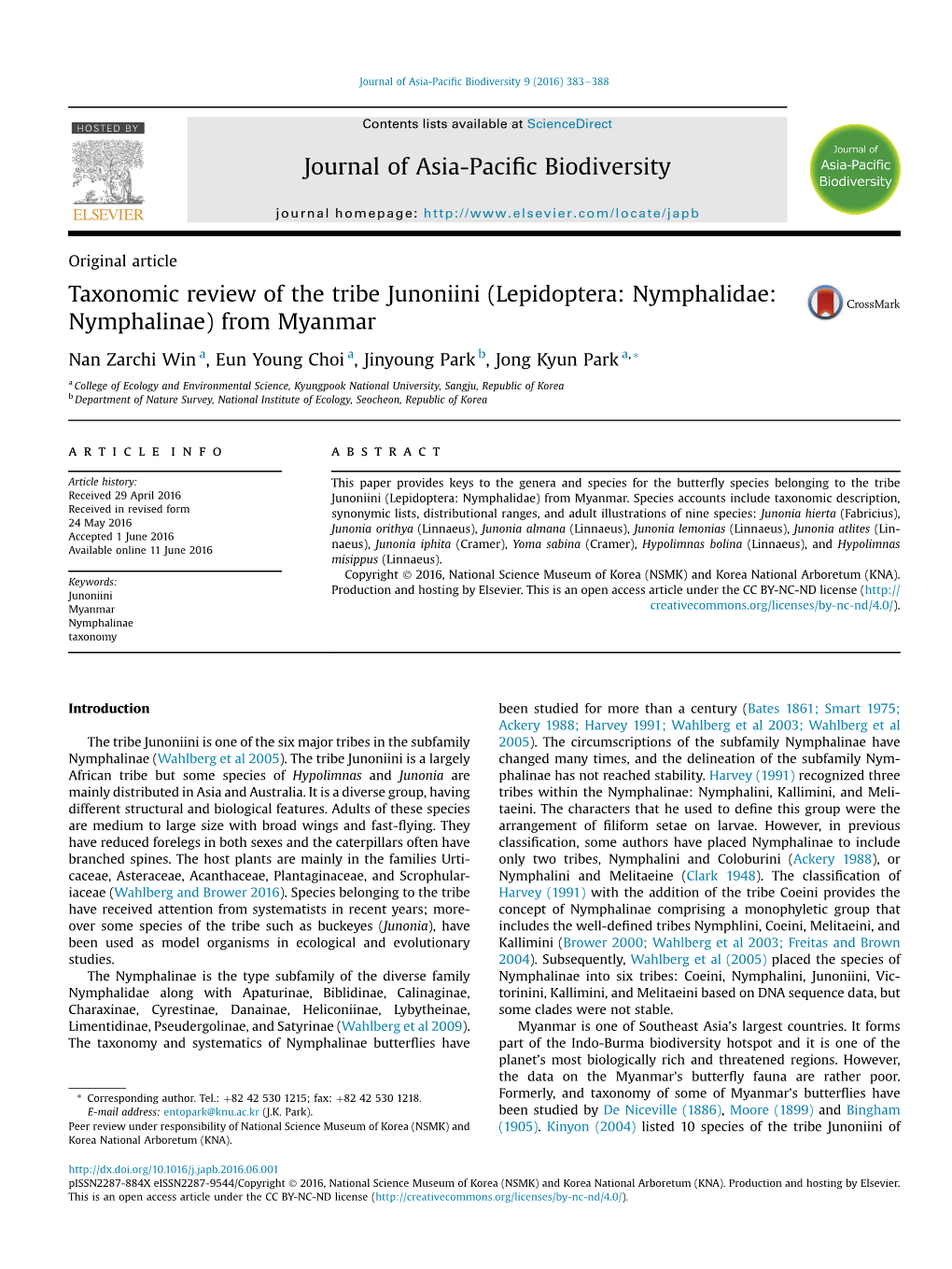 Taxonomic Review of the Tribe Junoniini (Lepidoptera: Nymphalidae: Nymphalinae) from Myanmar