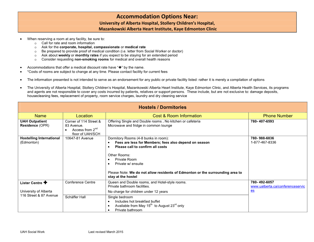 Accommodation Options Near University of Alberta Hospital/Stollery/MAHI/KEC