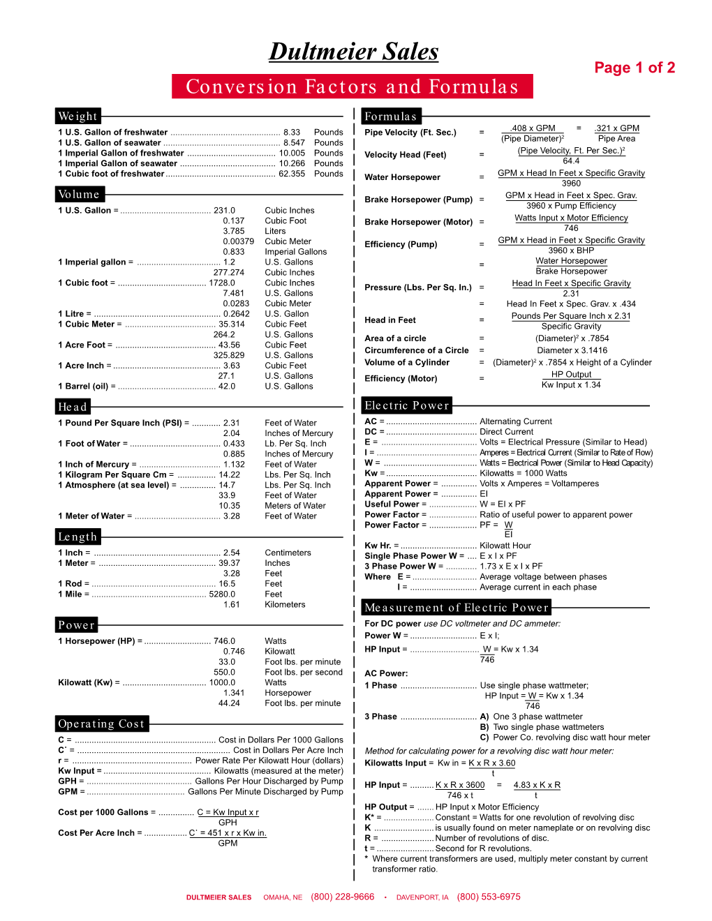 Dultmeier Sales Page 1 of 2 Conversion Factors and Formulas