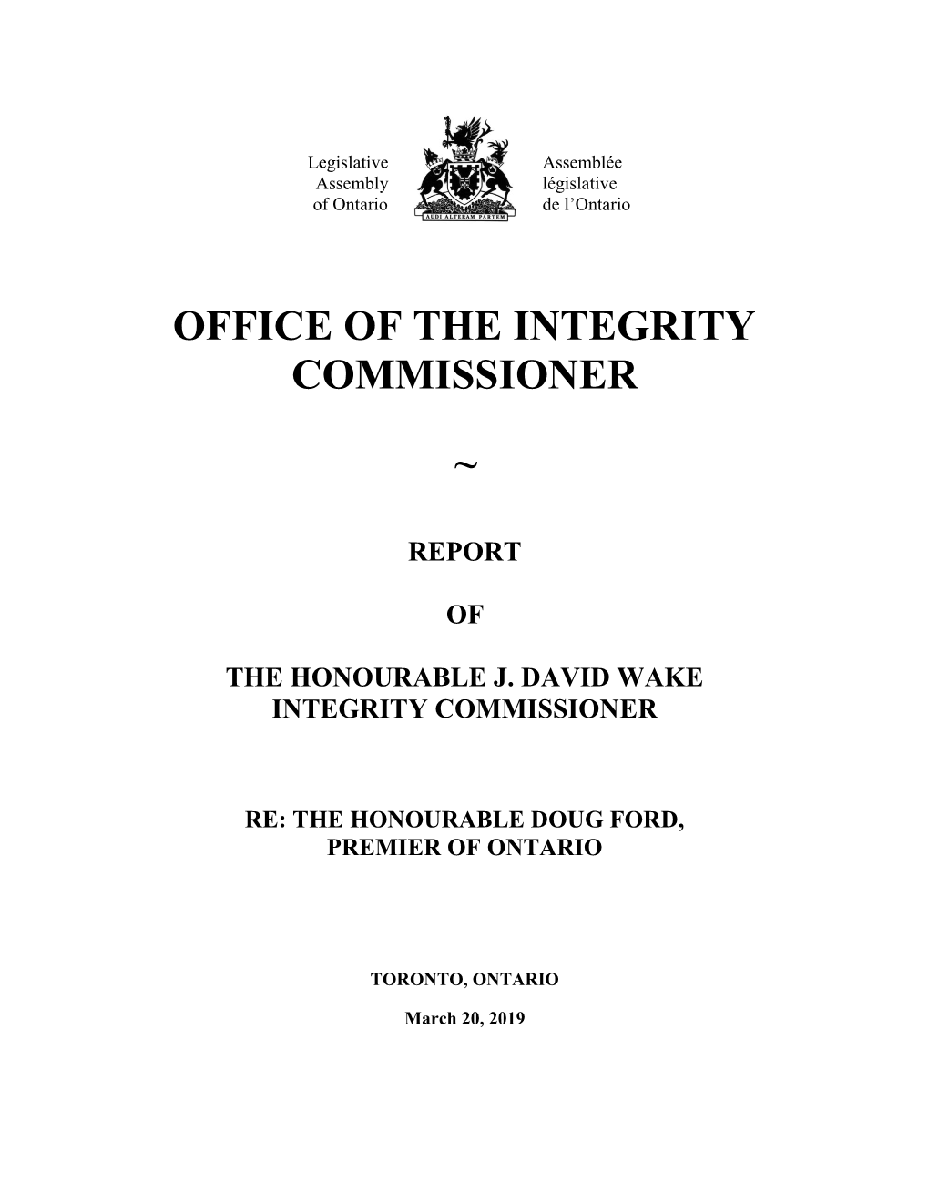 Integrity Commissioner's Report
