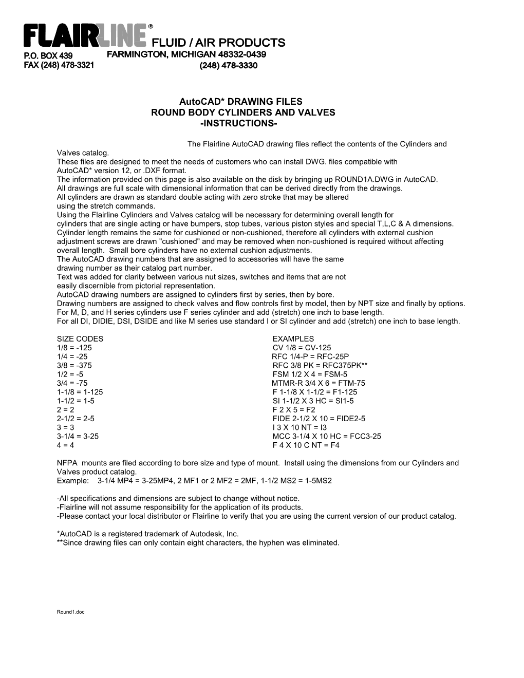 FLAIRLINE Autocad* PRODUCT CATALOG (VERSION 7/17/97)